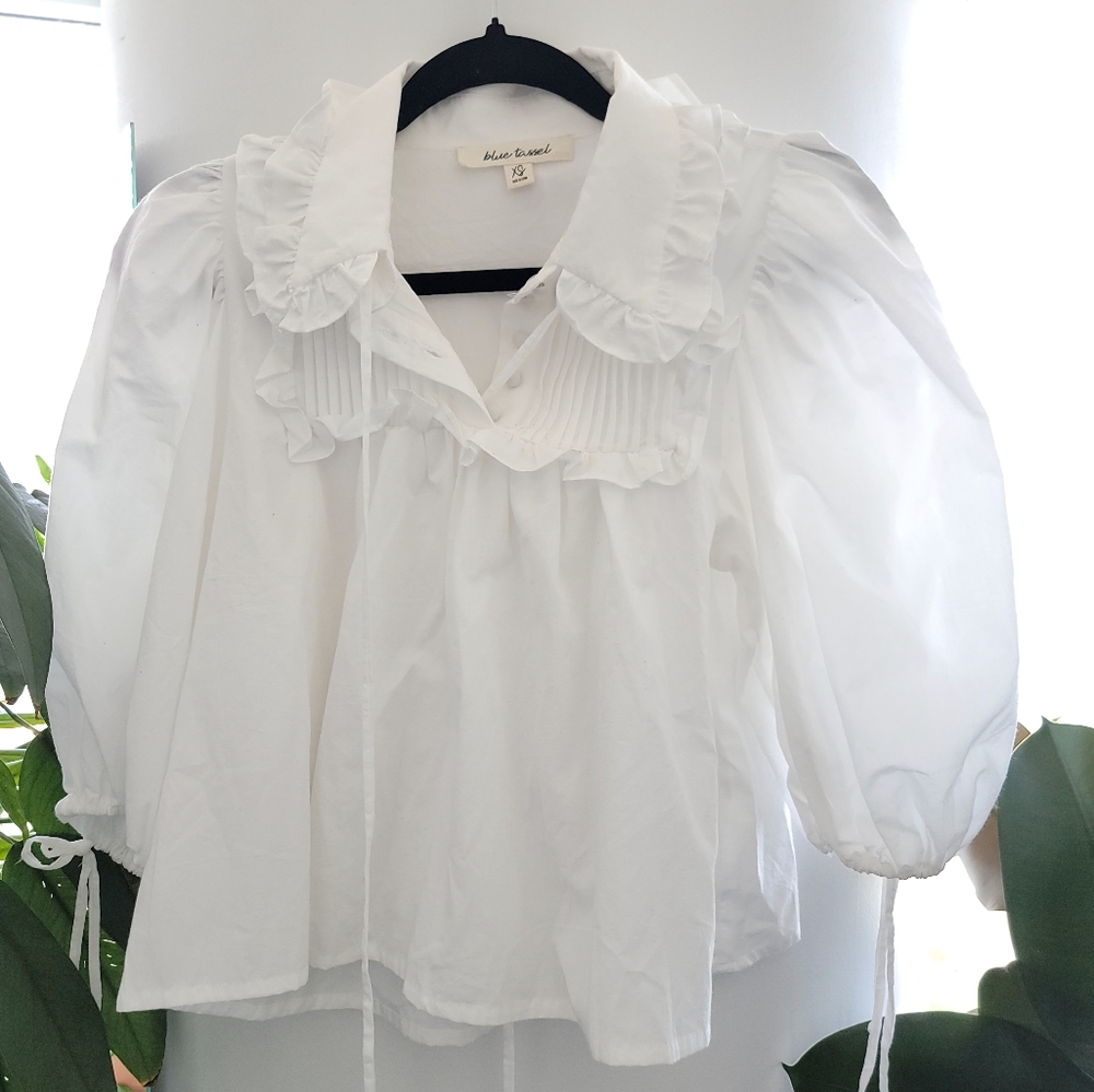 Blue Tassel XS Puff Sleeve Collared Blouse